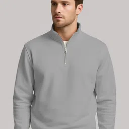ENITOR Men's Solid Grey Mandarin Collar Full Sleeve Half Zipper Sweatshirt-picture-34