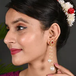 tanusha jewels Tanusha Gold Plated Pearls Beaded Floral Shaped Drop Earrings image 2