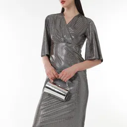 PINACOLADA Women Antique Silver Metallic-Chevron Wrap Dress-picture-40