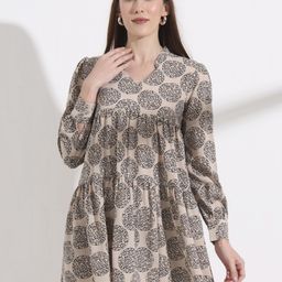 FITHUB Women Abstract Printed V-Neck Cuffed Sleeve A-Line Mini Dress-picture-14