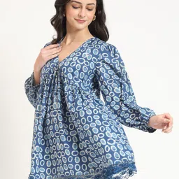 KALINI Polka Dot Print Bell Sleeve Indigo Cotton Peplum Top image 4