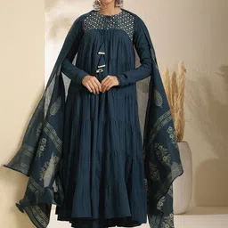 KIMAYRA Women Floral Embroidered Cotton Anarkali Pleated Kurta with Trousers & Dupatta-picture-15