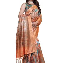 PRISHA FASHION Printed Zari Woven Border Banarasi Saree With Unstithced Blouse Piece-image-67
