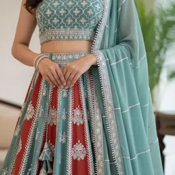 Jomso Embroidered Thread Work Semi-Stitched Georgette Lehenga & Blouse With Dupatta image 2