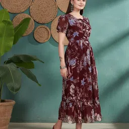 Anouk Floral Print Puff Sleeve Georgette Fit & Flare Midi Dress image 3