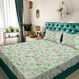 Aura Green & Pink Floral 350 TC King Bedsheet with 2 Pillow Covers-picture-36