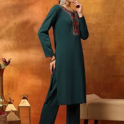 Nayam By Lakshita Women Embroidered Yoke Wool Blend Round Neck Kurta Set image 2