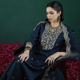 KALINI Women Ethnic Motifs Embroidered Regular Chanderi Silk Kurta with Trousers & With Dupatta image 3