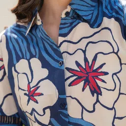 JISORA Women Blue Printed Cotton Shirt Dress image 2