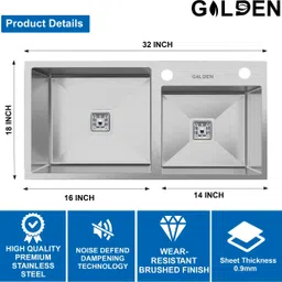 golden 32"x18"x10" Double Bowl With Tap Hole Handmade Kitchen Sink GS-11 Vessel Sink image 3