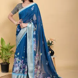 DIVASTRI Floral Zari Pure Linen Banarasi Saree-picture-15