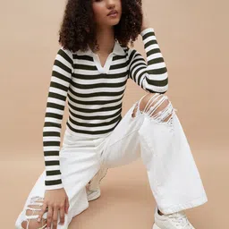 Ginger by Lifestyle Women Horizontal Stripes Mandarin Collar Top-picture-40