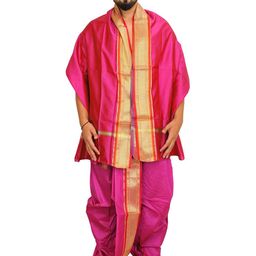 Exotic India Art Silk Ready to Wear Dhoti and Veshti Set with Woven Golden Border-picture-26