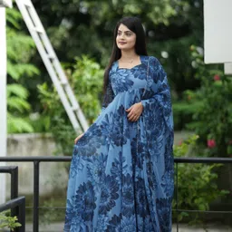 fentik.com Applique, Paisley, Floral Print, Solid, Self Design Georgette Stitched Flared/A-line Gown image 5