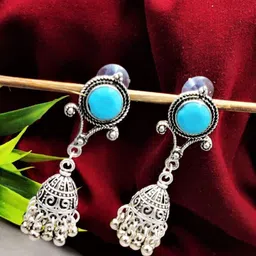 Yash Jewels Emporiums Silver Plated Artificial Stones Studded Oxidised Dome Shaped Jhumkas-image-40