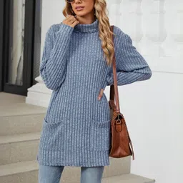 HERE&NOW Self Design Turtle Neck Acrylic Pullover Sweaters image 4