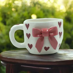 The Pottery Muse White Bow Textured Ceramic Glossy Mugs 250ml-image-59