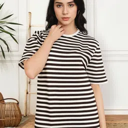 mack jonney VIMAL JONNEY Women Striped Monochrome Cut Outs T-shirt-picture-34