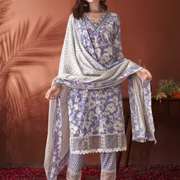Anouk Women Floral Printed Regular Mirror Work Pure Cotton Kurta with Trousers & With Dupatta-image-12