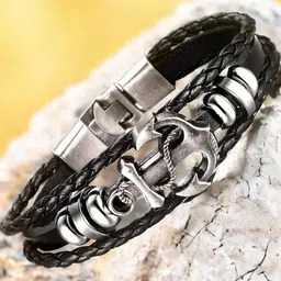 jewelgenics Black Pirate Anchor Magnetic Clasp Leather Bracelet For Men-picture-16