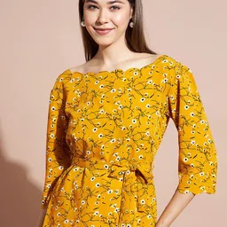 DressBerry Floral Print Slit Sleeve Crepe Cinched Waist Top-picture-11