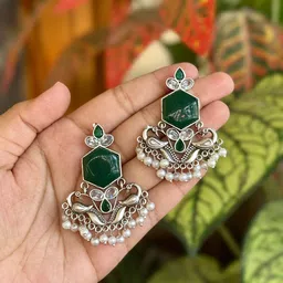 NAMAN ARTS Silver-Plated Stones Studded & Beaded Geometric Shaped Oxidized Drop Earrings image 5