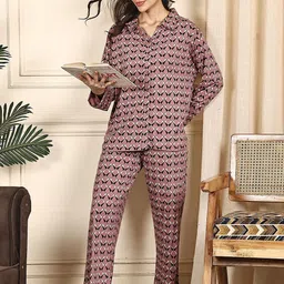Kanvin Women's Geometric Printed Shirt Collar Shirt & Pyjama Night Suit-picture-14