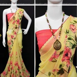 GHAN SALS Floral Printed Baluchari Saree With Blouse Piece image 3