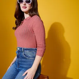 98 Degree North Women Ribbed Shirt Collar Long Sleeves Regular Pullover Sweaters image 2