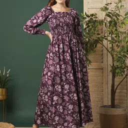 Pinly Women Floral Square Neck Smocked Puff Sleeve Crepe Fit & Flare Midi Dress-picture-26