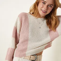 Happiness istanbul Women Open Knit Colourblocked Boat Neck Pullover image 5