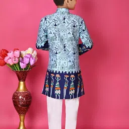 HUMAN CHOICE Boys Blue Dupion Silk Printed Kurta & Pyjamas image 3