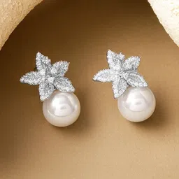 Rubans Rhodium-Plated Cubic Zirconia Studded And Pearls Beaded Floral Shaped Drop Earrings image 4