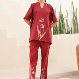 JISORA Women's Rust Printed Russian Silk Top With Trousers Co-Ord Set-picture-12