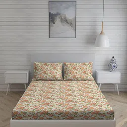 Living scapes by Pantaloons White & Brown Floral 210 TC Queen Bedsheet with 2 Pillow Covers-image-56