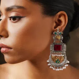 ABDESIGNS Silver-Plated Stone Studded & Beaded Classic Drop Earrings-image-22