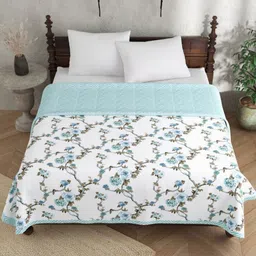 Salona Bichona Breeze White & Blue Floral Printed Pure Cotton AC Room Single Bed Dohar image 5