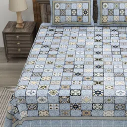 CLOTHOLOGY Blue & White Geometric 180 TC King Bedsheet with 2 Pillow Covers image 5