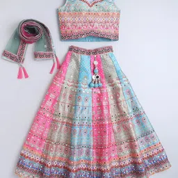 BAESD Girls Printed Mirror Work Tie and Dye Ready to Wear Lehenga & Blouse With Dupatta image 2