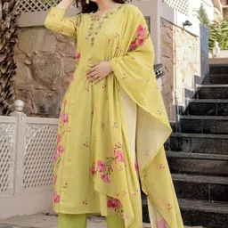 HERE&NOW Women Floral Printed Regular Thread Work Kurta with Trousers & Dupatta image 2