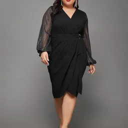Miss Chase A+ Women's Black Solid V Neck Bishop Sleeves Wrap Knee-Length Dress-picture-11