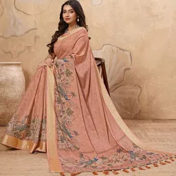 100 Dreams Kalamkari Printed Woven Design Border Zari Pure Crepe Saree image 2