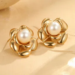DressBerry 18KT Gold-Plated Anti-Tarnish Pearl-Studded Floral Studs Earrings-image-57