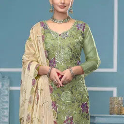 MANVAA Floral Printed Beads & Stones Organza Unstitched Dress Material image 2