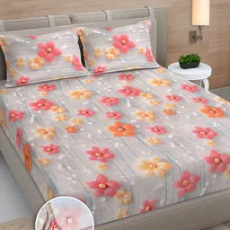 FABINALIV Grey & Yellow Floral 300 TC King Bedsheet with 2 Pillow Covers-image-29