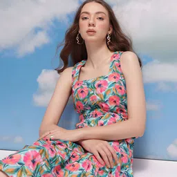 CORSICA Floral Print Square Neck Tie-Ups A-Line Dress-picture-31