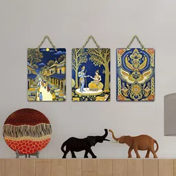 ArtVibes Green & Blue 3 Pieces Vrindavan Vignettes Printed Wooden Wall Hanging Decors image 4