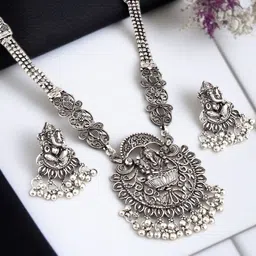 LUCKY JEWELLERY Silver Lord Ganesha Temple Oxidised Necklace And Earrings-image-45