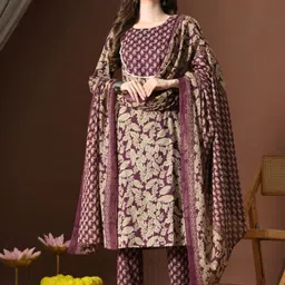 INDIANIC Women Ethnic Motifs Printed Regular Pure Cotton Kurta with Trousers & With Dupatta-picture-22