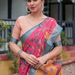 ALMAARI FASHION Floral Printed Zari Pure Linen Banarasi Saree With Unstitched Blouse Piece image 2